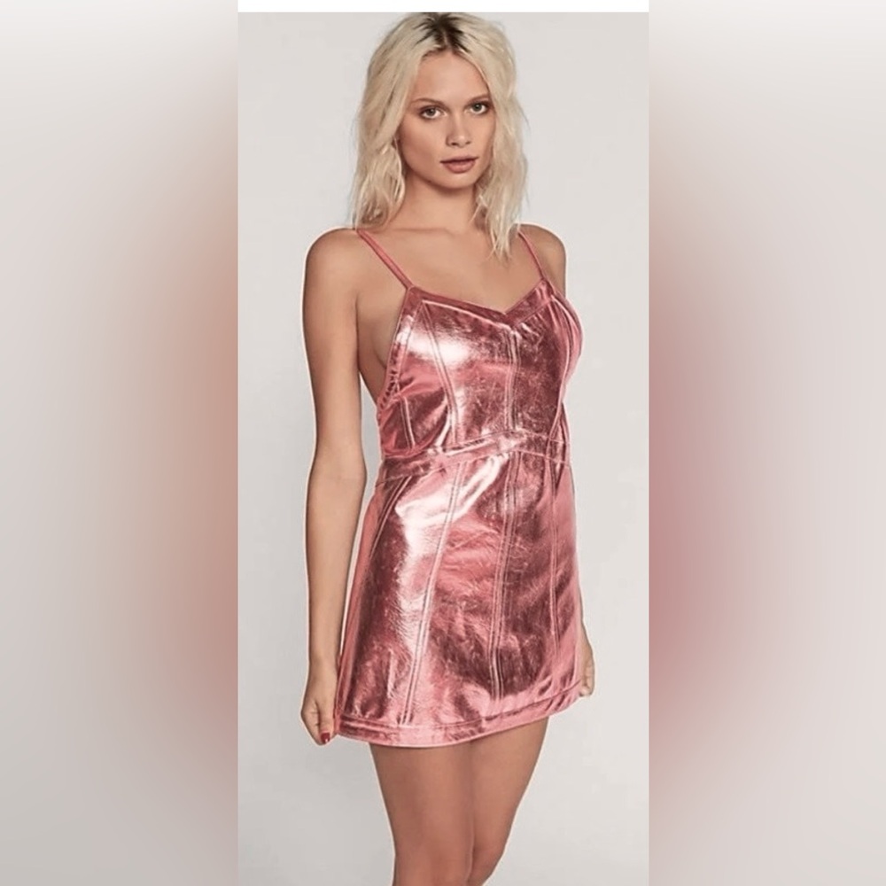 For Love & Lemons Luna Mini Dress Metallic Cotton Low Cut Revealing Pink Size S